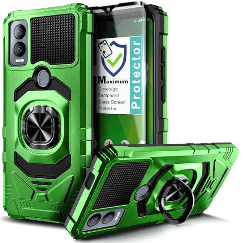 NZND Case for Cricket Magic 5G /AT&T Propel 5G with Tempered Glass Screen Protector (Maximum Coverage), Full-Body Protective [Military-Grade], Magnetic Car Ring Holder Cover Case (Green)