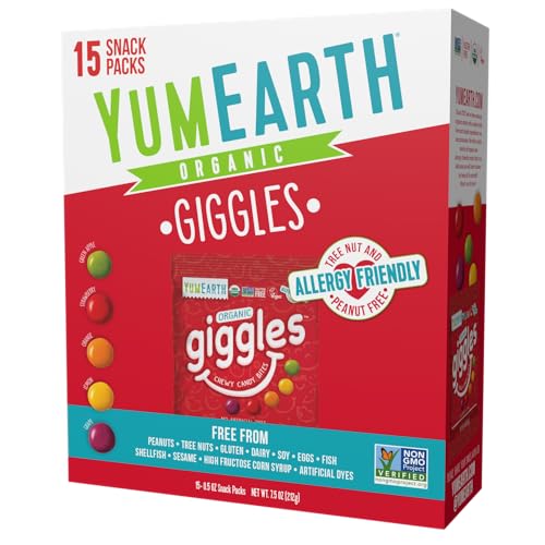 YumEarth Organic Giggles Chewy Candy Bites - Fruit Flavored Snack Packs - Allergy Friendly, Gluten Free, Non-GMO, Vegan, No Artificial Flavors or Dyes, 7.5 oz. (Pack of 15)
