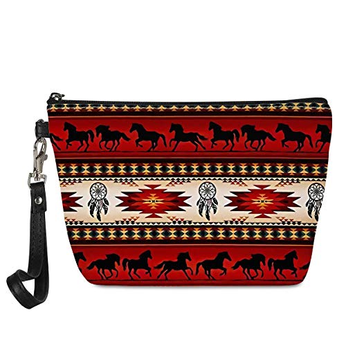 GIFTPUZZ Red Makeup Bag Aztec Horse Design Indian Native Costmetic Bag Train Case Pouch Purse Cosmetics Organizer for Women Brushes Toiletry Jewelry Digital Accessories
