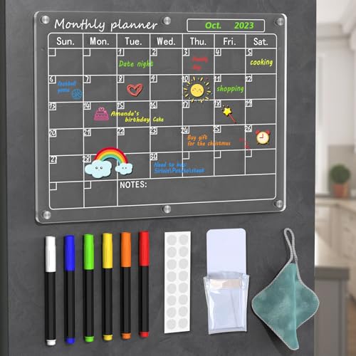 ENESNES Acrylic Calendar for Fridge,Magnetic Calendar for Refrigerator,1Pack 12'x16' Clear Fridge Calendar Dry Erase Magnetic Planning Boards, Includes 6 Colorful Highlight Markers,Magnetic Pen Holder