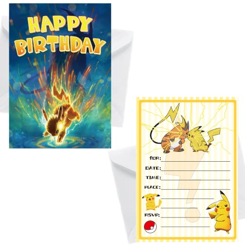 DEEBOW 16 Pcs Cartoon Birthday Party Invitations with 16Pcs Envelopes Japanese Anime Themed Party Invitations for Kids Birthday Party Supplies 5×7Inch (Poke01)