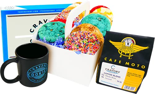 The Cravory: Cookies & Coffee Snack Pack With Collectible Mug - 12 Cookies - 12-oz. Ground Coffee - 6 Flavors - Baked Fresh - Gourmet Dessert, Snack or Baked Goods - Individually Wrapped