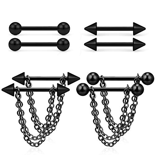 Dyknasz 316L Surgical Steel Chain Dangle Nipple Shield Rings Nipplering Barbell Piercing Jewelry for Women Men 14G 4 Pairs Externally Threaded Ball Spike Black