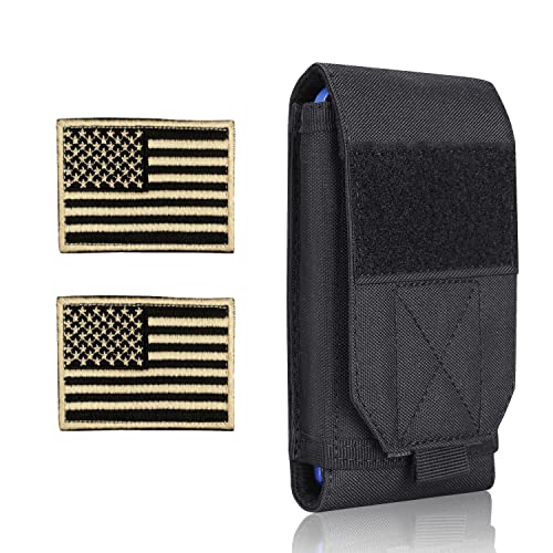 Heyqie Black Tactical Molle Cellphone Pouch Case,Heavy Duty Waterproof Phone Holster Bag for iPhone 11 12 13 Pro Max Samsung S22 S21 S20 FE Note 20 A02S Less 6.7' Phone with 2 Pack US Flag Patch