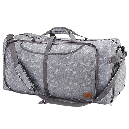 Large Travel Duffle Bag for Women Men, VS VOGSHOW 100L Foldable Duffel Bag for Travel, Water Resistant Overnight Weekender Bag with Shoe Compartment, Packable Duffel Bag, Camo Gray