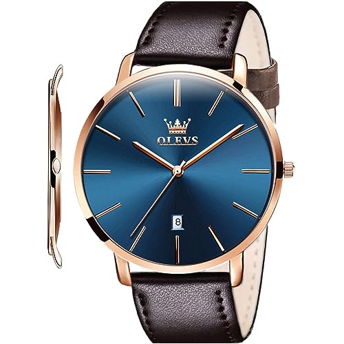 OLEVS Men's Watch Minimalist Ultra Thin Watches for Men Fashion Casual Analog Quartz Waterproof, Male Slim Simple Blue Face Big Dial Date Dress Wrist Watch with Genuine Leather Band for Men Dark Brown