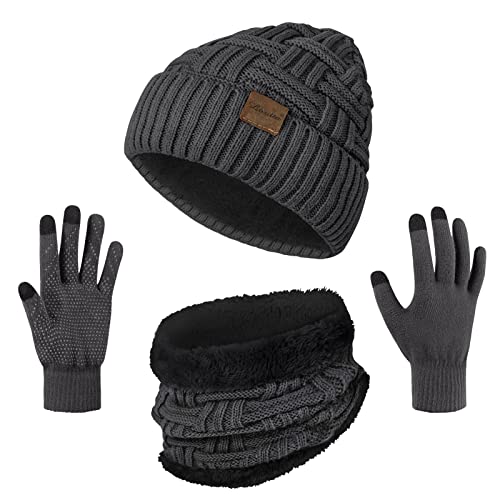 Loritta 3-Pieces Winter Hat Neck Warmer Touchscreen Gloves Set Knit Thick Scarf Beanie Hat Scarves Set Gifts for Women (N- Grey Set)
