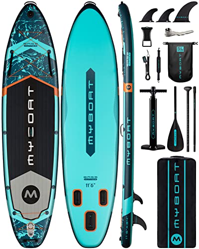MYBOAT 11'6'×34'×6' Extra Wide Inflatable Paddle Board, Stand Up Paddle Board for Fishing, Sup Board with 3 Removable Fins, Dual Bungees, Camera Mount, Hand Pump, Strong Paddle, 5L Dry Bag, Leash