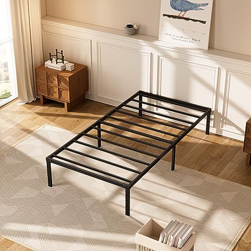 Jebosam Twin Bed Frame No Box Spring Needed Heavy Duty Platform Steel Slat Support 2500 lbs Easy to Assembly Bed Frame 14 inch Twin Size Non-Slip Noise Free Black Twin Metal Frame