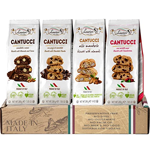 Biscotti Italian Cookies Gift Box - 4 Pack - Christmas Dessert Gift Box - Biscotti Cookies from Italy - Assorted Flavors Almond, Cranberry, Choco Chunks, Almond Cocoa - Crunchy Coffee Cookies for Dipping - Kosher
