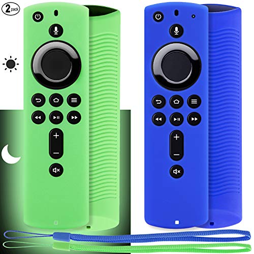 Pinowu Firestick Remote Cover Case (2 Pack), Silicone Protective Case Compatible with Fire TV Stick 4K Alexa Voice Remote Control, Lightweight Anti Slip Shockproof (Green Glow& Blue Not Glow)