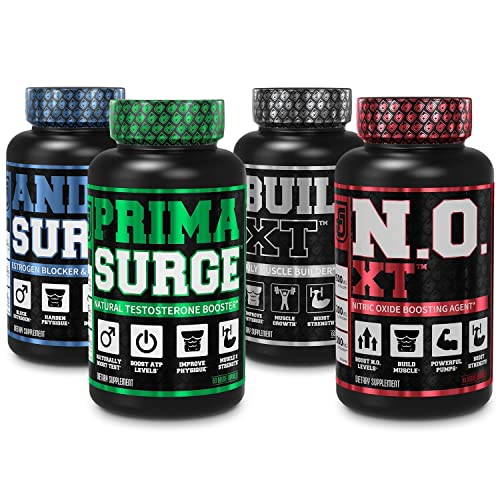 Jacked Factory Androsurge Estrogen Blocker for Men + Primasurge Testosterone Booster for Men + N.O. XT Nitric Oxide Booster + Build XT Muscle Builder