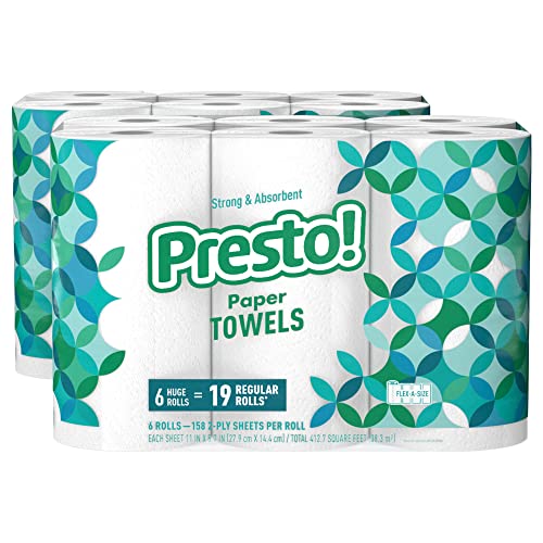 Amazon Brand - Presto! Flex-a-Size Paper Towels, 158 Sheet Huge Roll, 12 Rolls (2 Packs of 6), Equivalent to 38 Regular Rolls, White