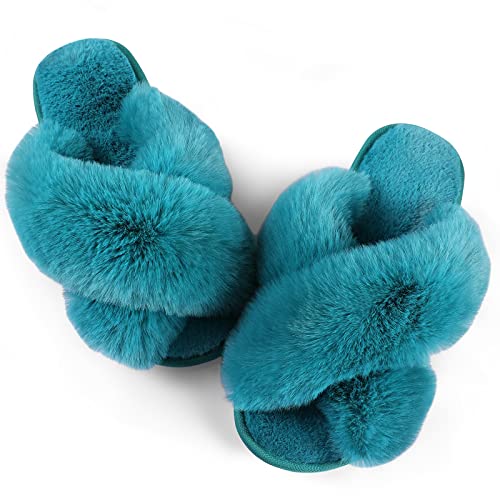 Ankis Women Green Fuzzy Fluffy Slippers Soft Cozy Plush Fuzzy Slippers Memory Foam Slipper Fluffy Furry Open Toe Fuzzy Slippers Bedroom Comfy Cross Band Slippers for Womens House Indoor Size 7 8