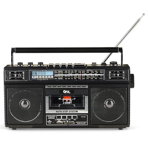 QFX J-220BT Boombox MP3 Conversion from Radio to Cassette with 4-Band (AM, FM, SW1, SW2) Radio with Bluetooth, Rechargeable Battery, Dual 3” Speakers, Built-in Microphone, Recorder, 3-Band Equalizer