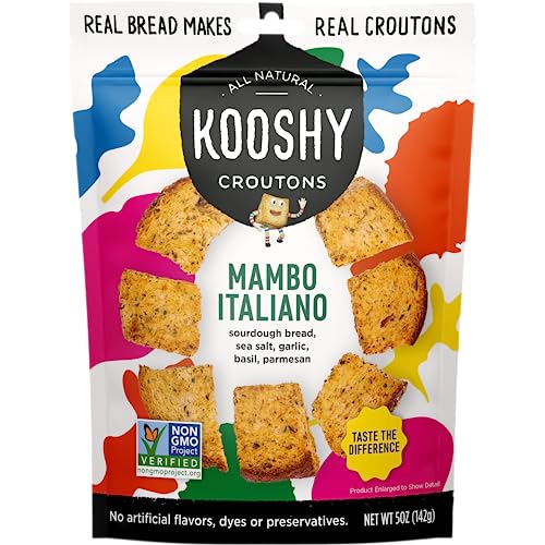 Kooshy Croutons - Mambo Italiano (Sourdough Bread, Olive Oil, Sea Salt, Garlic, Basil, Parmesan Cheese), All Natural, Non-GMO Croutons for Salad, Soup and More, 5oz Pouch (3 Pack)