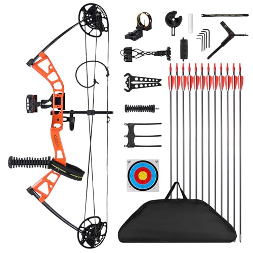 MOTION ZEUS Junior Compounnd Bow Set for Youth & Kids,Beginners and Women Bow Draw Length 16'-28',Draw Weight 10-40Lbs,290fps，Adjustable (Orange)