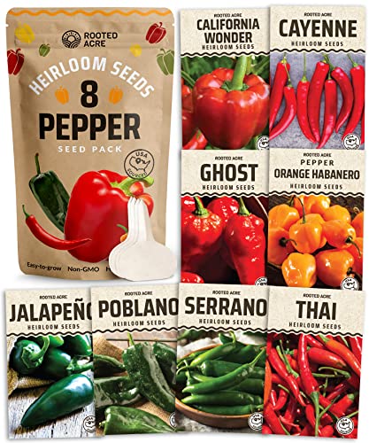 Rooted Acre 8 Varieties Pepper Seeds - Non GMO, USA, Heirloom Hot Pepper Seeds inc Ghost and Jalapeno - High Germinating Pepper Seeds for Planting Home Garden: Serrano, California Wonder, and More