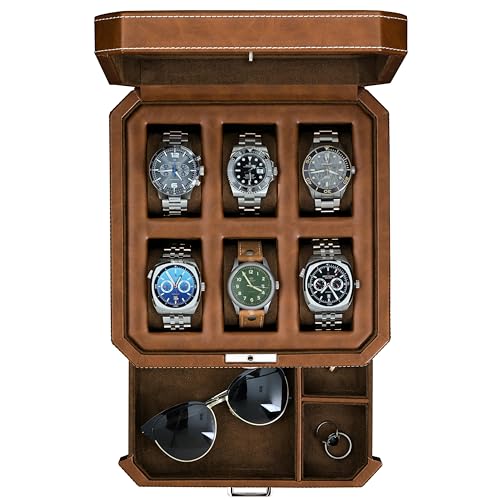 ROTHWELL 6 Slot Leather Watch Box with Valet Drawer - Luxury Watch Case Display Organizer, Microsuede Liner, Locking Mens Jewelry Watches Holder, Men's Watch Storage Large Glass Top (Tan/Brown)