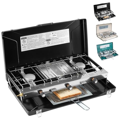 FineFlame Camping Stove 3 Burner 20400 BTU Propane Portable Stove with Griddle, Regulator, Toast Tray, Windshield for Car Camping BBQ Picnics Outdoor Cooking Camping Gas Stove