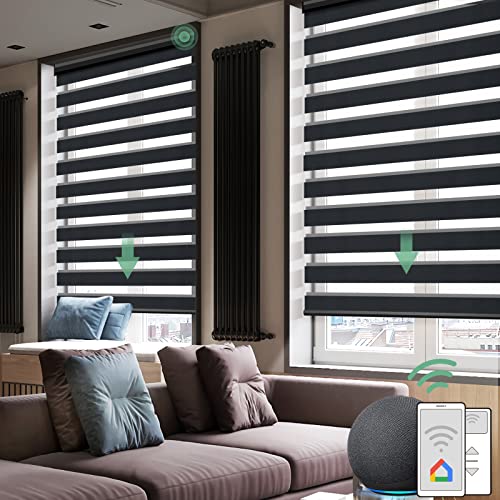 Yoolax Motorized Zebra Shade Work with Alexa, Remote Control Horizontal Blinds Dual Layer Smart Blinds Custom Size, Blackout and Light Filtering Sheer Shading Electric Blinds for Home (Luxury Black)