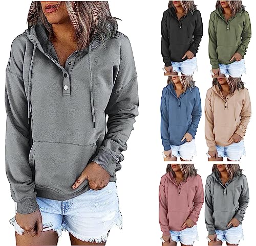 WEERSHUN Womens 2023 Winter Fall Button Collar Hoodies Tops Long Sleeve Casual Drawstring Button Down Pullover Sweatshirt lightning deals todays daily deals today 2023 warehouse deals Gray