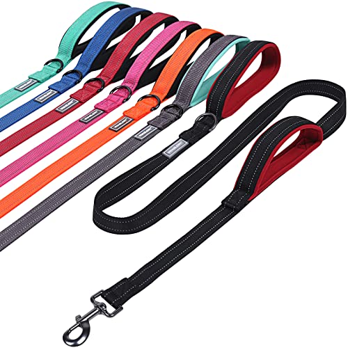 VIVAGLORY Traffic Handle Dog Leash, Two Padded Soft Handles Dog Leash, Strong Reflective & Metal Hook Training Dog Lead, Black