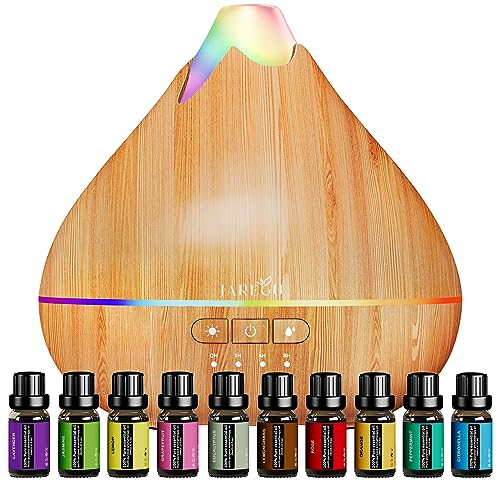 Essential Oil Diffusers with Top 10 Oil Diffuser Gift Set, 550ml Aroma Diffuser, Ultrasonic Cool Mist Aromatherapy Diffuser Waterless Auto Shut-Off for Home Office 4 Timers 15 Colors (Yellow)