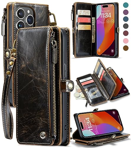 Defencase for iPhone 15 Pro Max Wallet Case, for iPhone 15 Pro Max Case Wallet for Men, Vintage Leather Magnetic Flip Strap Zipper Card Holder Phone Cases for iPhone 15 Pro Max [6.7'], Luxury Coffee