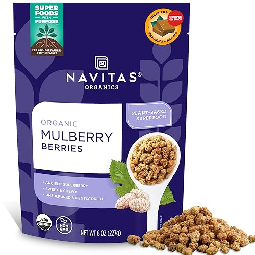 Navitas Organics Mulberries, 8 oz. Bag, 8 Servings — Organic, Non-GMO, Sun-Dried, Gluten-Free, Sulfite-Free (Pack of 1)