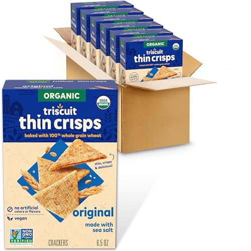 Triscuit Organic Thin Crisps Original Whole Grain Wheat Crackers, Organic Crackers, Vegan Crackers, 6 - 6.5 oz Boxes