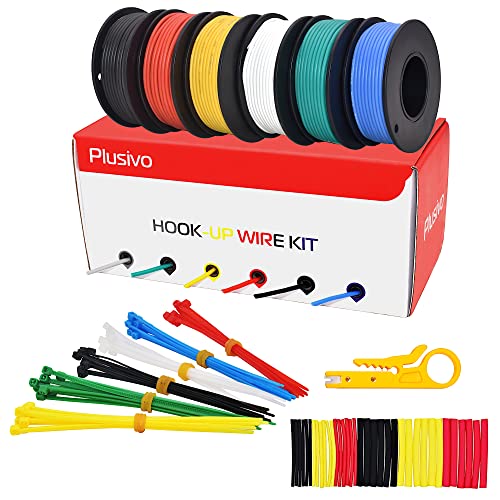 24 AWG Stranded Wire Kit – Silicone Coated Copper Wires 24 Gauge Pre-Tinned 30ft/9m Each Spool, 6 Colors (Black, Red, Yellow, Green, Blue, White), Electrical Jumper Wire Hook Up Wire Kit from Plusivo