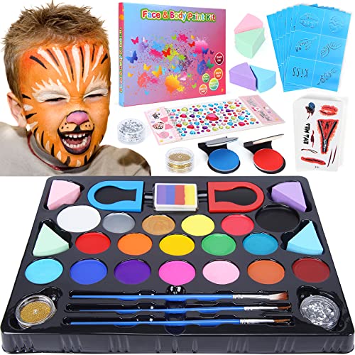 Face Body Paint Kit for Kids, 18 Colors Face Painting Kits, Halloween Easter Professional Makeup Kit with Tattoo Stickers, Template, Hair Clip, Brush, Cotton Pad for Party, Cosplay, Performances