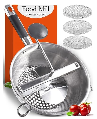 Food Mill Stainless Steel With 3 Discs - Best Rotary Food Mills For Tomato Sauce, Potatoes, Baby Food or Canning - Soft Silicone Handle and Dishwasher Safe - Includes 21 Digital Recipes with Videos