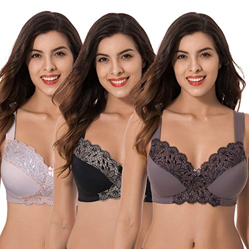 Curve Muse Plus Size Unlined Minimizer Wirefree Bras with Embroidery Lace-3Pack-Pink,Black,Gray-42DDD