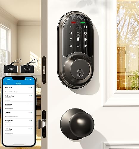 Veise Smart Locks for Front Door, 2 Knob Handle Set, Keyless Entry Deadbolt, App Control, Electronic Touchscreen Digital Keypad, Auto Lock, Easy Installation, IP54 Waterproof, Matte Black