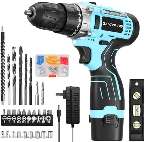 GardenJoy Cordless Power Drill Set: 12V Electric Drill with Battery and Charger, 65pcs Acessories, 3/8'Keyless Chuck, 2 Variable Speed, 24+1 Position, Compact Drill Driver Kit for Home & DIY Project