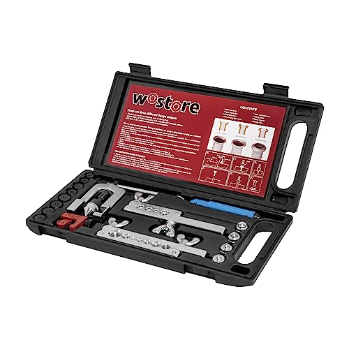 Wostore Professional Brake Line Flare Kit for Single, Double (SAE) Flares & Bubble (ISO) Flares with Tubing Cutter Pipe Reamer for 3/16-5/8' 7 Sizes