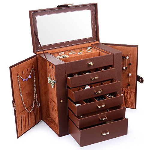 Kendal Huge Jewelry Box Jewelry Case with 6 Tier 5 Drawers Large Storage Capacity with Mirror Jewelry Storage Organizer Great Gift Also Good For Watches LJC-SHD5BN (Brown)