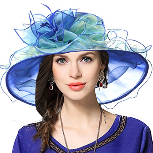 Kentucky Church Derby Hat Wide Brim Flounce Cocktail Tea Party Bridal Dress Hats (Blue)