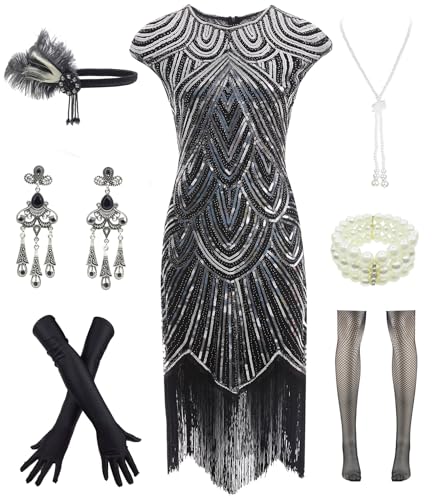 Letter Love Women 1920s Vintage Flapper Fringe Beaded Gatsby Party Dress With 20s Accessories Set (M, Black Silver)