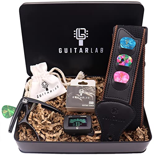 Guitar Lab Guitar Accessories Kit - Premium Metal Tin Includes Guitar Strap, Capo, Electronic Guitar Tuner Clip On & Guitar Picks - Acoustic, Bass, Electric & Ukelele - Ideal Gift Set for Guitar Lover