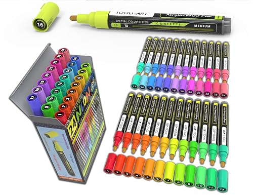 24 Neon Fluorescent Acrylic Paint Pens Medium Special Color Series Markers Set 3mm Tip, Rock Painting, Glass, Mugs, Wood, Metal, Canvas, DIY Projects, Detailing. Non Toxic, Waterbased, Quick Drying