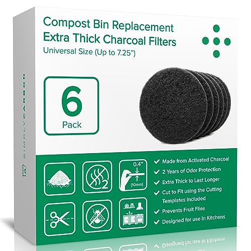 2 Years Supply Extra Thick Filters for Kitchen Compost Bins - Longer Lasting Activated Charcoal - Universal Size Fits ALL Compost Bins up to 7.25' Filter Size - Replacement Set of 6 (by Simply Carbon)