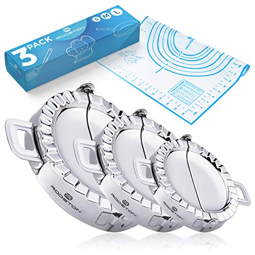 Dumpling Maker Press Pack of 3 Sizes (3”, 3.7”, 4.4”) – BONUS Pastry Mat, Empanada Press for Cooking Pierogi Ravioli Turnover Wrappers, Stainless Steel Dumpling Mould with Silicone Dough Mat