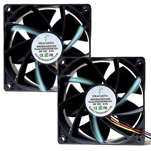 Dracaena 2 Pack Replacement Bitmain Fan for Antminer S9, T9, Z9, D3, E3, X3, L3+, 4pin, 120X120X38mm Cooling Fan, DC12V, 2.1A, 209CFM, 6000RPM, 65.2 dBA
