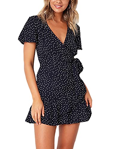 Relipop Summer Women Short Sleeve Print Dress V Neck Casual Short Dresses Navy Blue