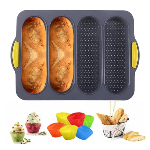 MUJUZE Bread Pans for Baking, Silicone Bread Pan with 6 Muffin Cups, French Bread Loaf Pan Nonstick & Heat Resistant Silicone Baguette Pan, Sub Roll Baking Pan, Hoagie Roll Pan, Baking Pans for Bread