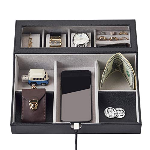 NEATOPA Men Leatherette Valet Tray EDC Organizer Nightstand Dresser Top Box with 10 Compartments Charging Station for Jewelry, Keys, Watch, Wallet(Black)
