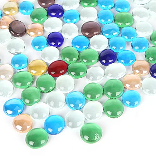 FUTUREPLUSX 1LB Multicolored Flat Glass Marbles, Mixed Mancala Stones Tinted Pebbles Flat Bottom Beads Mosaics Gemstones for Art Craft Vase Filler Table Scatter Home Decor